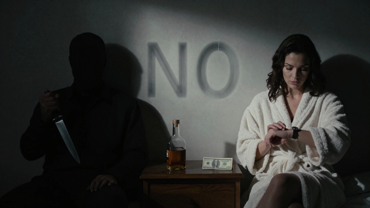 A dark, dangerous scene contrasts with a safe, orderly space—knife and whiskey versus a watch and cash—symbolizing life-or-death choices.