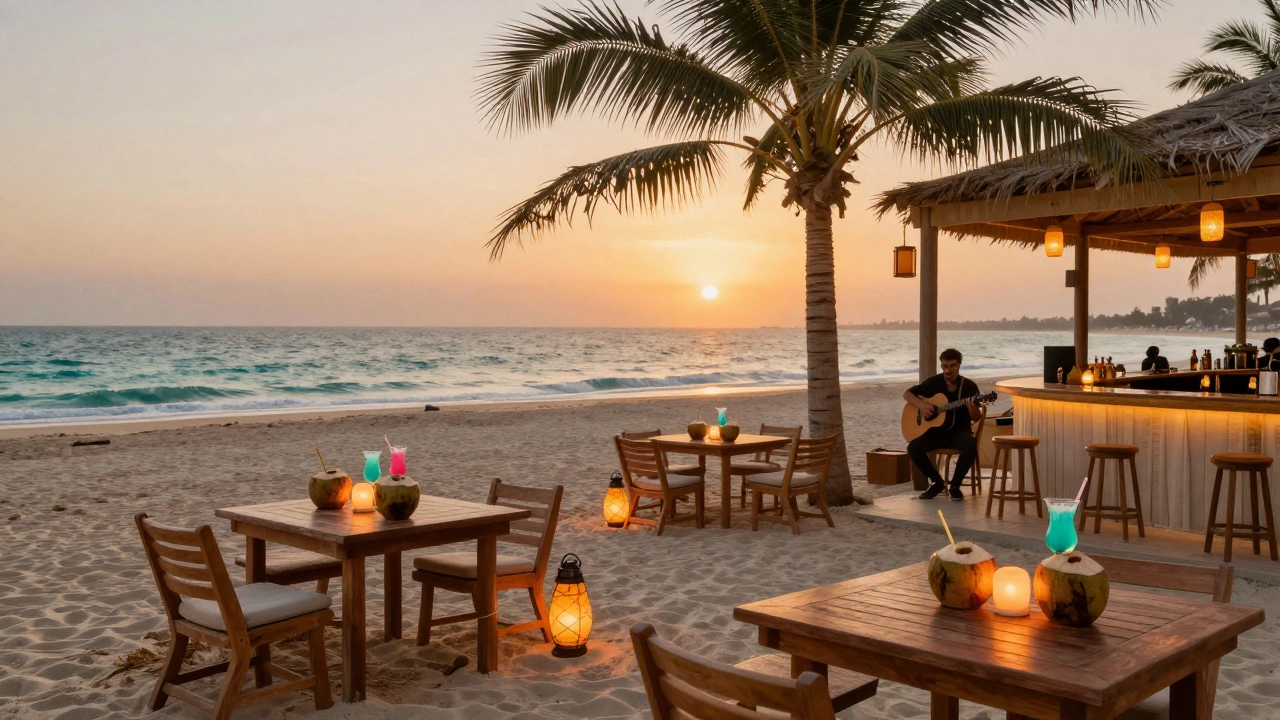 A relaxed beach bar with coconuts filled with drinks, lanterns, and sunset views over the ocean.