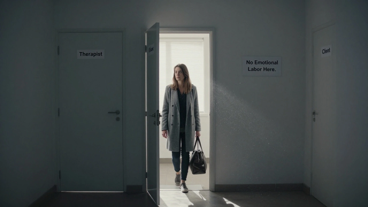 A sex worker exits a client&#039;s room in Lyon, passing doors labeled &#039;Therapist&#039; and &#039;Friend,&#039; rejecting emotional labor with quiet resolve.